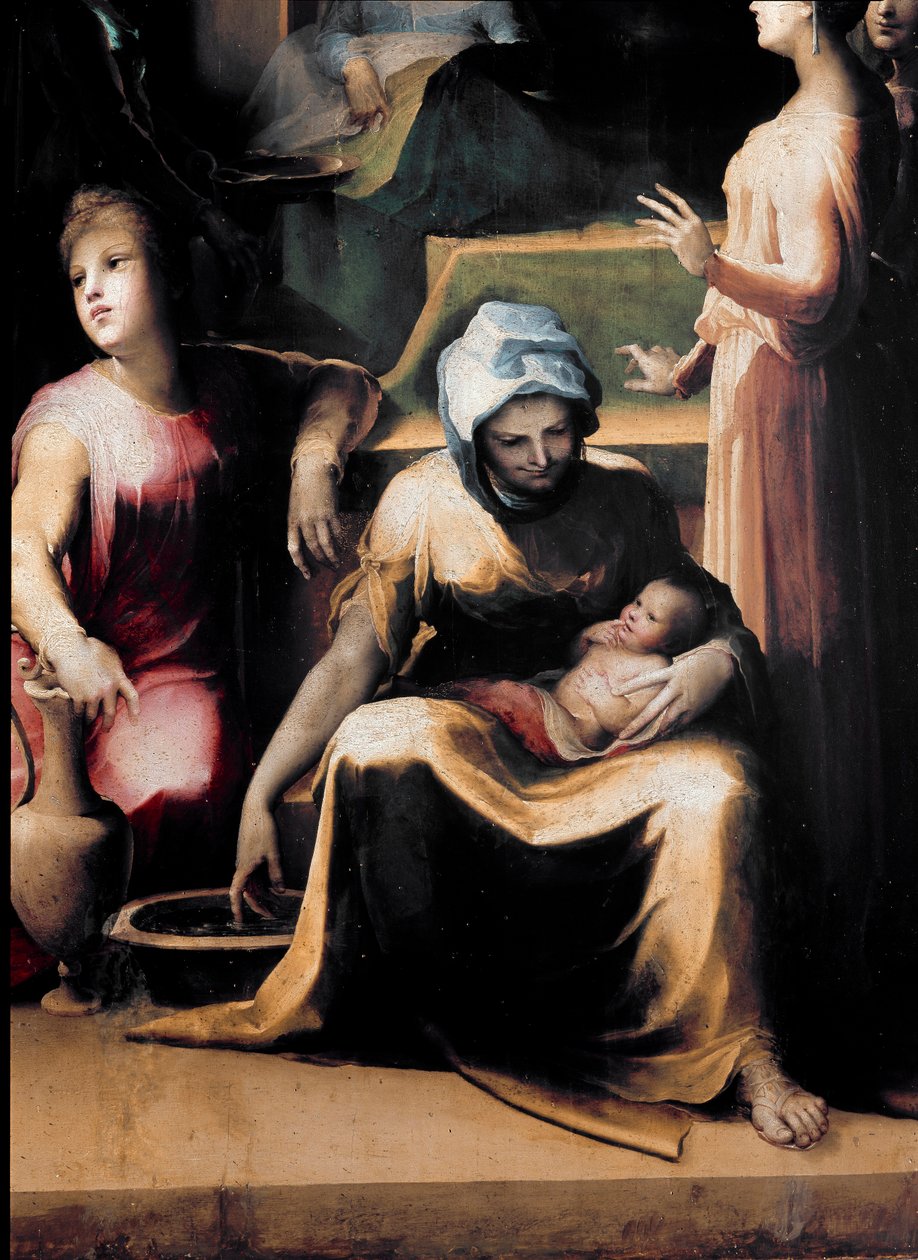 Jomfruens fødsel. Detalj som viser en hushjelp med den nye do. Maleri av Domenico Beccafumi (1486-1551), rundt 1540-1543. tre. DIM: 233x145cm. Italia, Siena, National Pinacotheque (Siena, Pinacoteca Nazionale) av Domenico Beccafumi