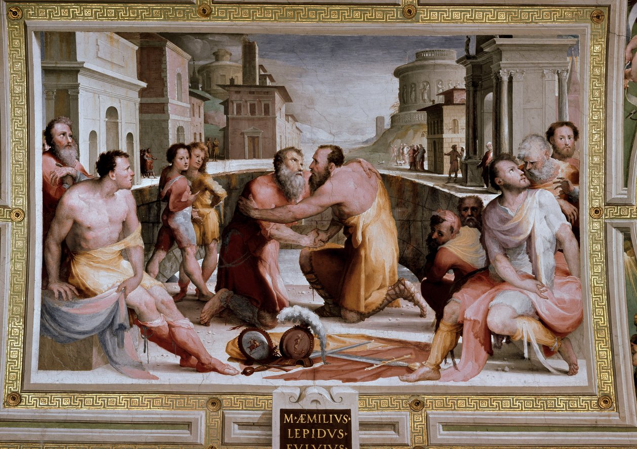 Forsoningen av den romerske konsul Marcus Fulvius Flaccus og Marcus Aemilius Lepidus rundt 126 f.Kr. av Domenico Beccafumi