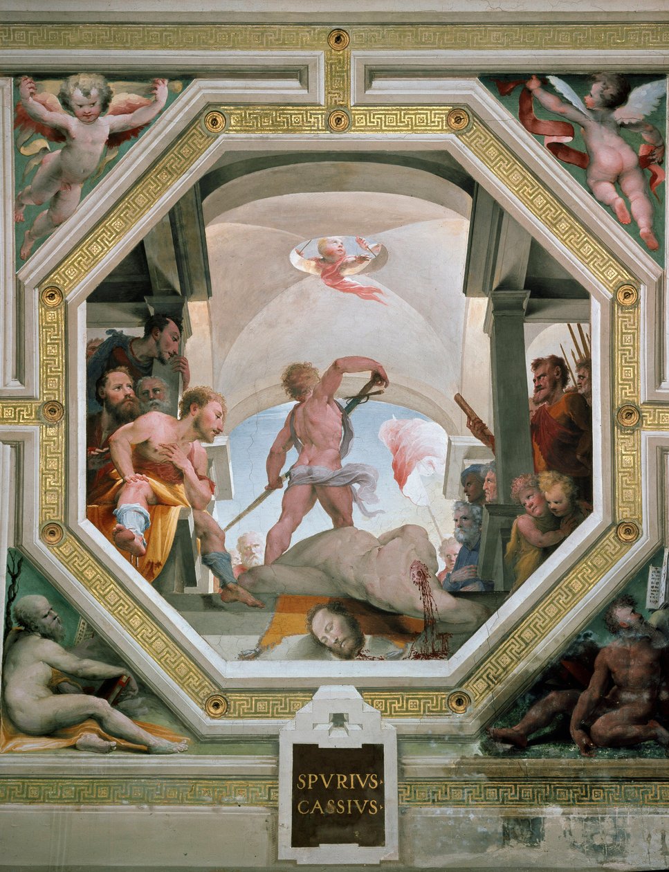 Halshuggingen av Spurius Cassius Vecellinus eller Viscellinus henrettet av faren for å ha vurdert å bli konge i 485 f.Kr. Fresco av Domenico di Giacomo di Pace dit Beccafumi (1486-1551) 1529-1535 Siena (Siena), Palazzo Pubblico av Domenico Beccafumi