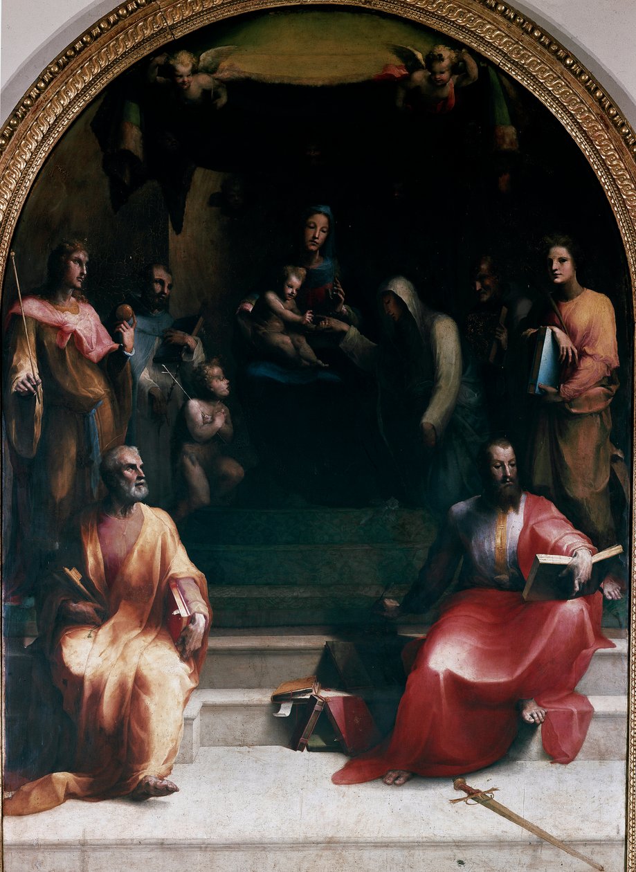 Det mystiske bryllupet til St. Katarina av Siena og de hellige. Følgende er representert: St. Peter, St. Sigismond, St. Bernardino av Siena (Bernardino da Siena eller Bernardino degli Albizzeschi), St. Dominic of Guzman, St. Catherine of Alexandria, St. Pa av Domenico Beccafumi