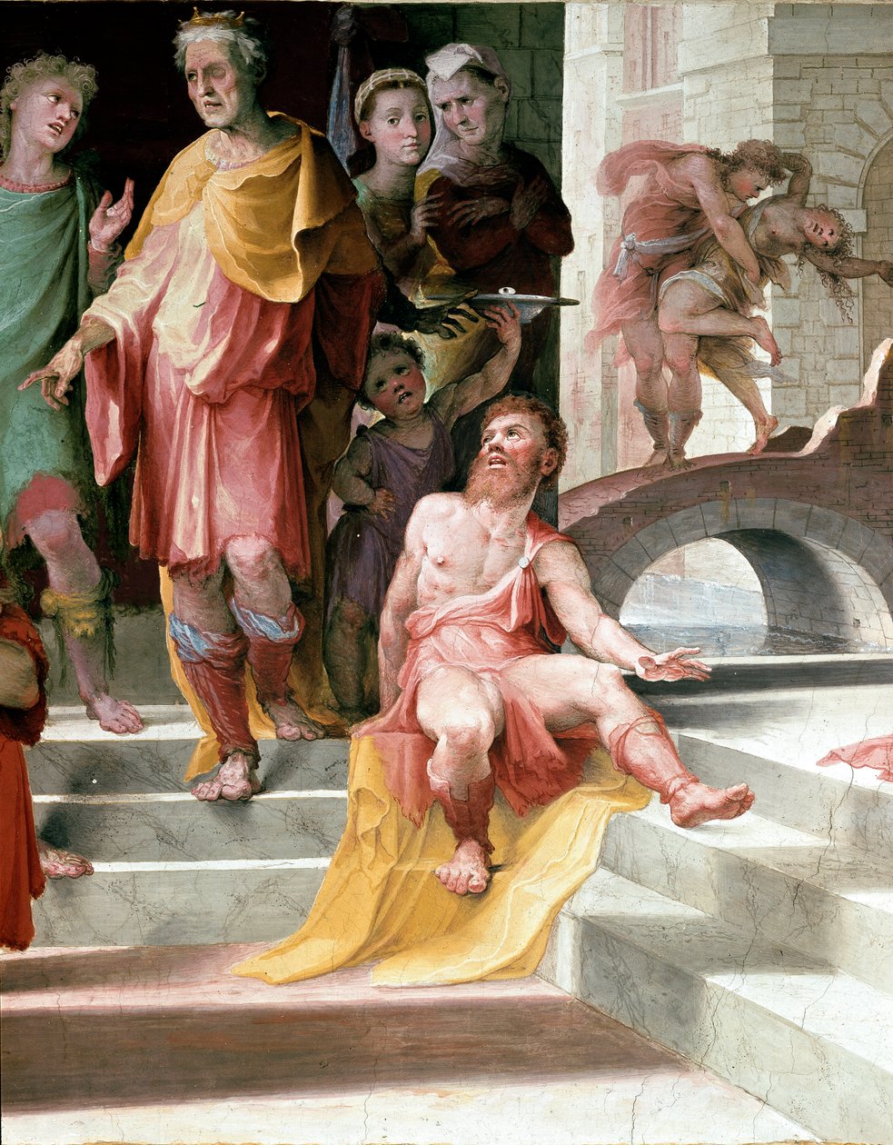 Offeret til Seleucos de Locres (Seleucus de Locride) Seleucos for å blinde sønnen sin, for å straffe ham for en voldtekt han hadde begått, foretrekker å dø med ett av øynene hans. Fresco av Domenico di Giacomo di Pace dit Beccafumi (1486-1551). Detalj. 152 av Domenico Beccafumi