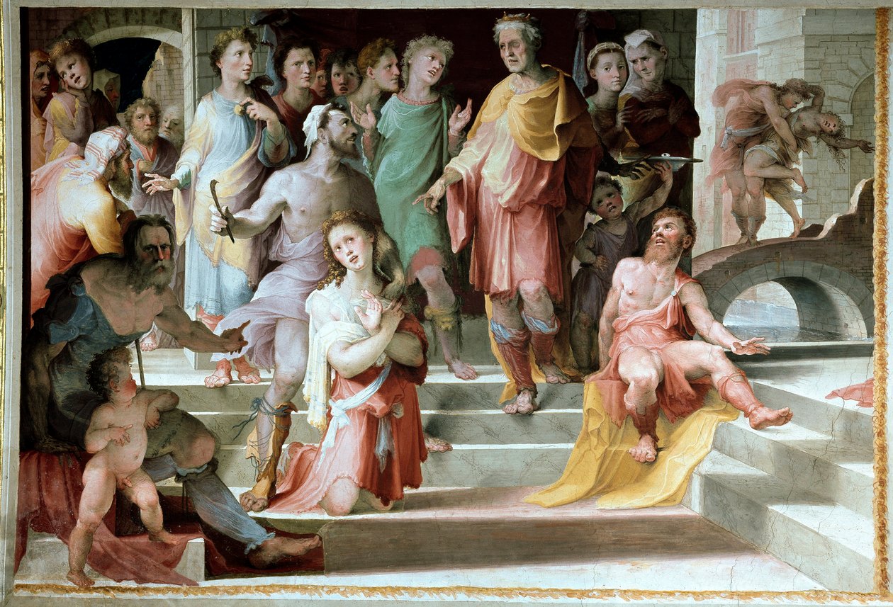 Offeret til Seleucos de Locres (Seleucus de Locride) Seleucos for å blinde sønnen sin, for å straffe ham for en voldtekt han hadde begått, foretrekker å dø med ett av øynene hans. Fresco av Domenico di Giacomo di Pace dit Beccafumi (1486-1551) 1529-1535 Si av Domenico Beccafumi