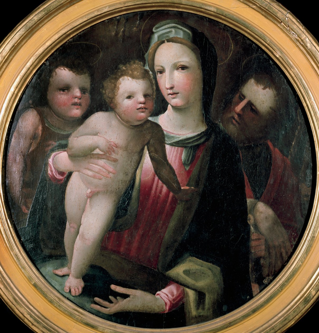 Tondo fra den hellige familie med døperen Johannes barn. Maleri tilskrevet Domenico Beccafumi (1486-1551). Tre. Diameter: 60 cm. Siena, Collezione Chigi-Saracini av Domenico Beccafumi