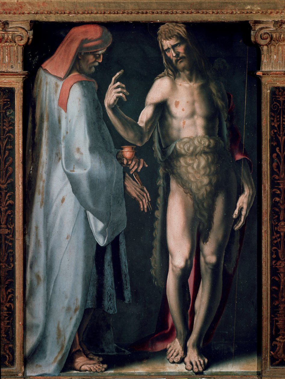 Triptych of the Trinity, Detalj venstre panel: Saint Cosimo (Kom eller Cosimo) og Saint John the Baptist. Maleri av Domenico Beccafumi (1486-1551) av Domenico Beccafumi