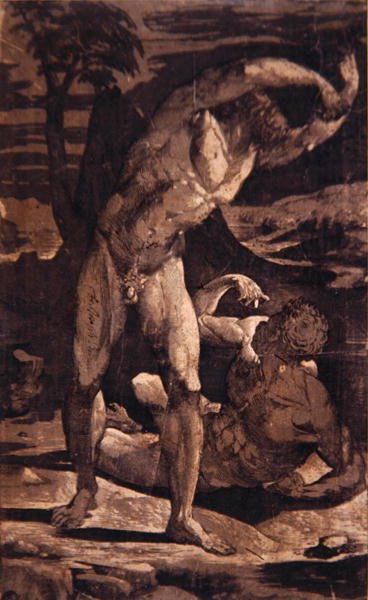 To mannlige nakenbilder i et landskap, ca. 1540-80 (gravering og treblokk) av Domenico Beccafumi