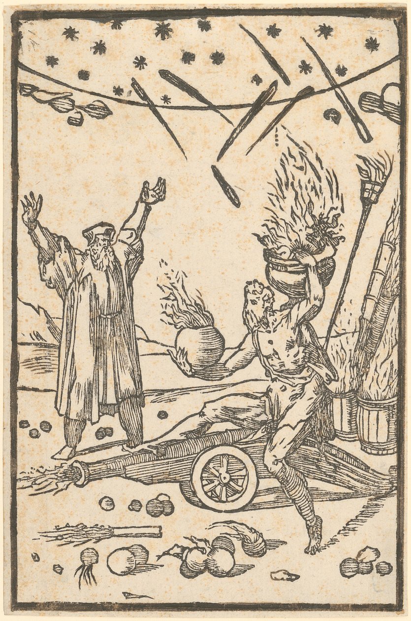 Vulkan leder et fyrverkeri, side 10 i serien «De la Pirotechnia» av Domenico Beccafumi