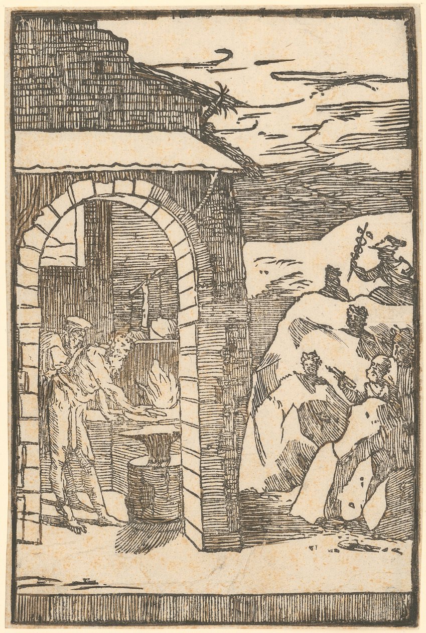 Vulkan og filosofen (Teoria) arbeider i smia, mens metallene utenfor gjemmer seg i fjellene, blad 1 i serien «De la Pirotechnia» av Domenico Beccafumi