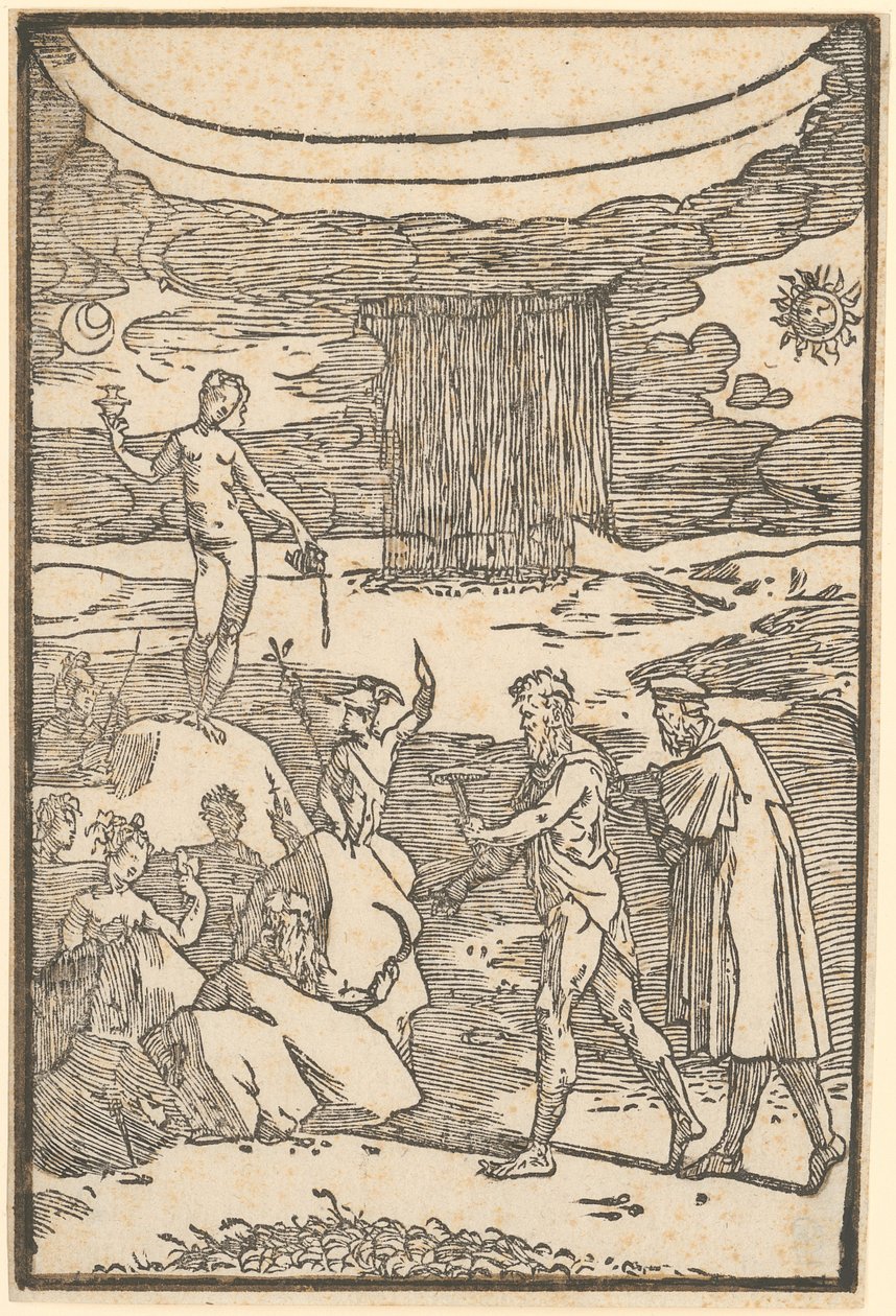 Vulkan og filosofen (Teoria) begir seg ut på leting etter metallene som er innkapslet i bergarter, blad 2 i serien «De la Pirotechnia» av Domenico Beccafumi