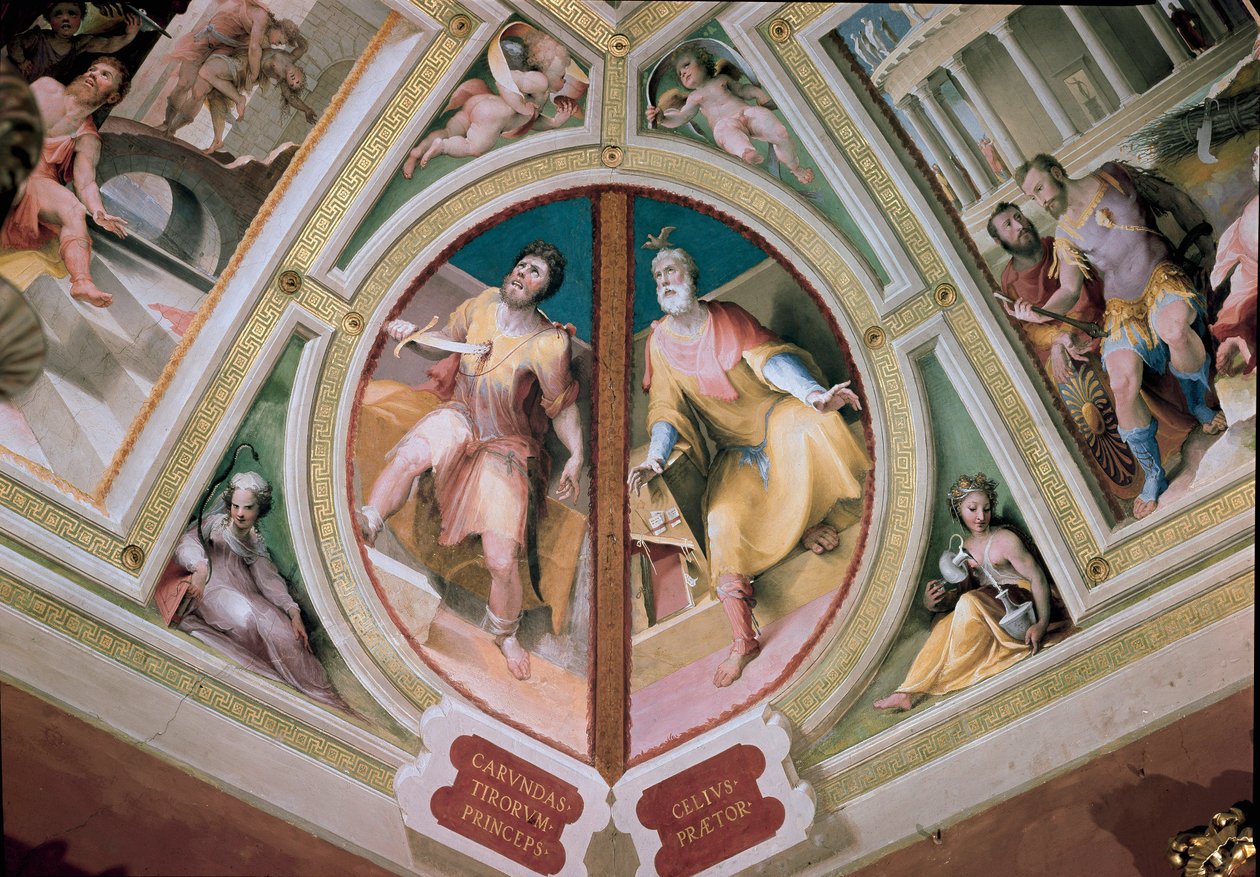 den greske lovgiveren Charondas (7. århundre f.Kr.) stuper et sverd inn i brystet og "" Den romerske praetor Celius""" Fresco av Domenico Beccafumi (1486-1551) av Domenico Beccafumi