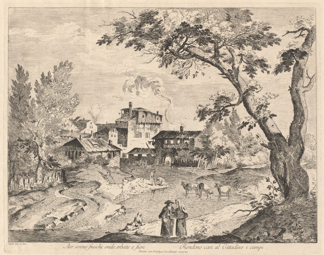 Rustikk landsby langs en elv med reisende av Domenico Bernardo Zilotti