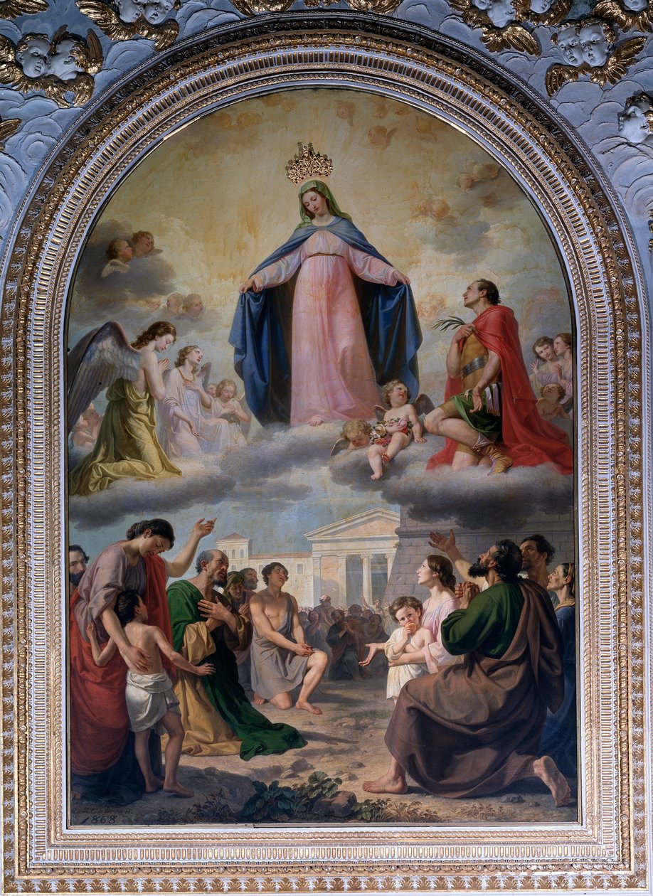 Vår Frue av Raccomandati. Jomfruen (med en hevet krone) Beskytte en befolkning i nød (olje på lerret av Domenico Caldara