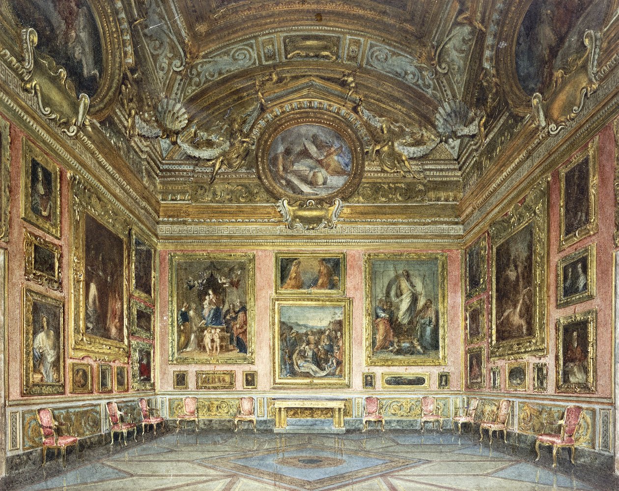 Palazzo Pitti, Firenze: Sala di Saturno med Peruginos "Lamentation" flankert av malerier av Fra Bartolommeo og Raphael, av Domenico Caligo