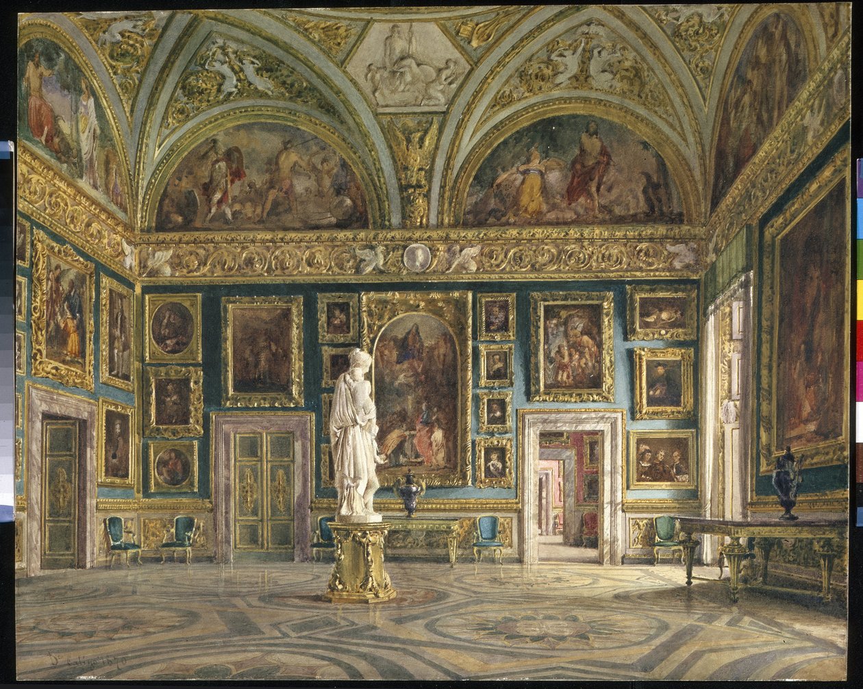 Hall of the Iliaden (Palatine Gallery) i Pitti Palace i Firenze (Italia) (The Hall of the Ilia at the Pitti Palace i Firenze). Maleri av Domenico Caligo (?-1880), olje på lerret. Italiensk kunst, andre halvdel av 1800-tallet, nyklassisisme. State He av Domenico Caligo