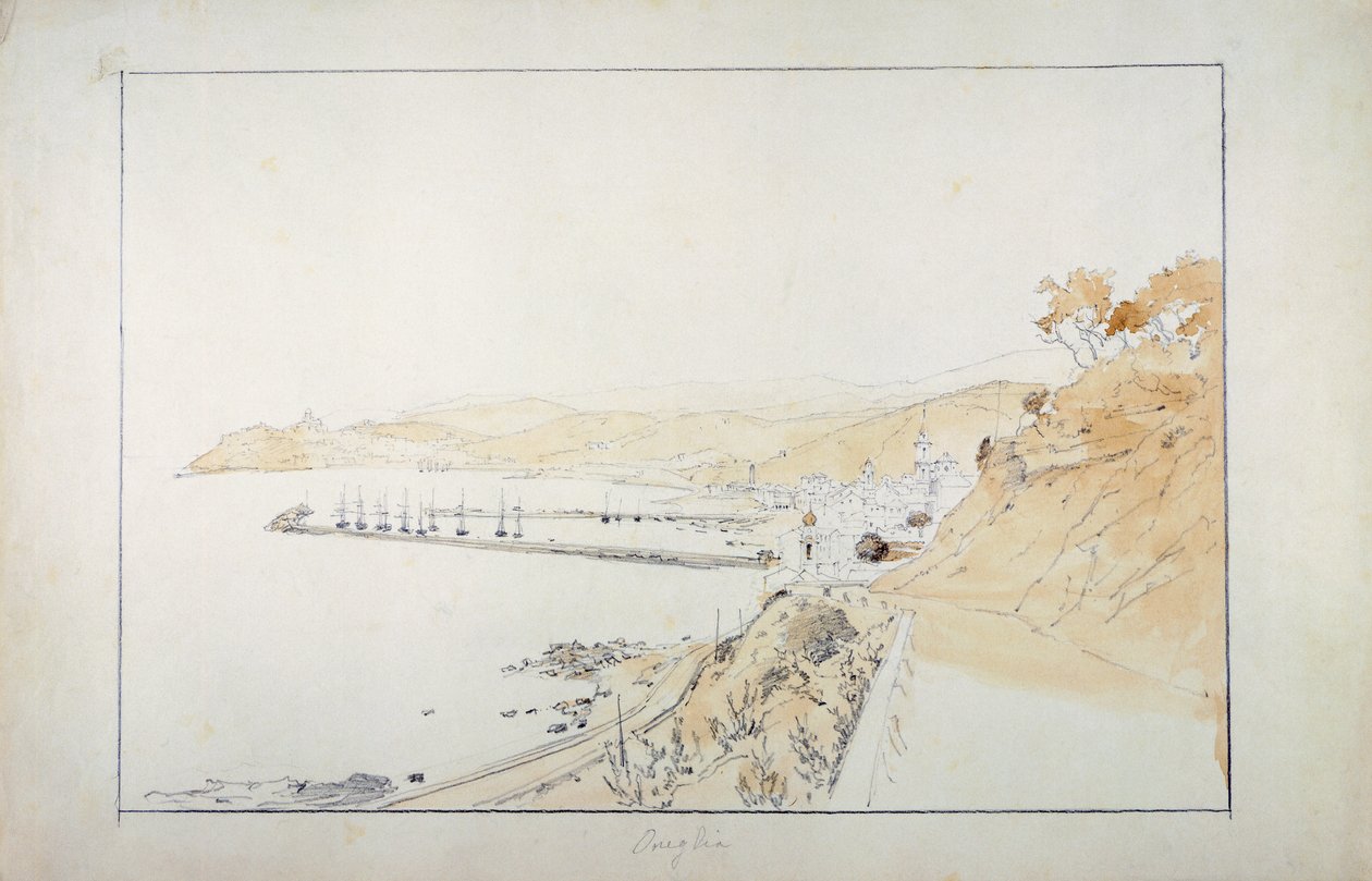 Porto Maurizio sett fra Oneglia, ca 1859, av Pasquale Domenico Cambiaso (1811-1894), Italia Blyant og akvarell. av Domenico Cambiaso
