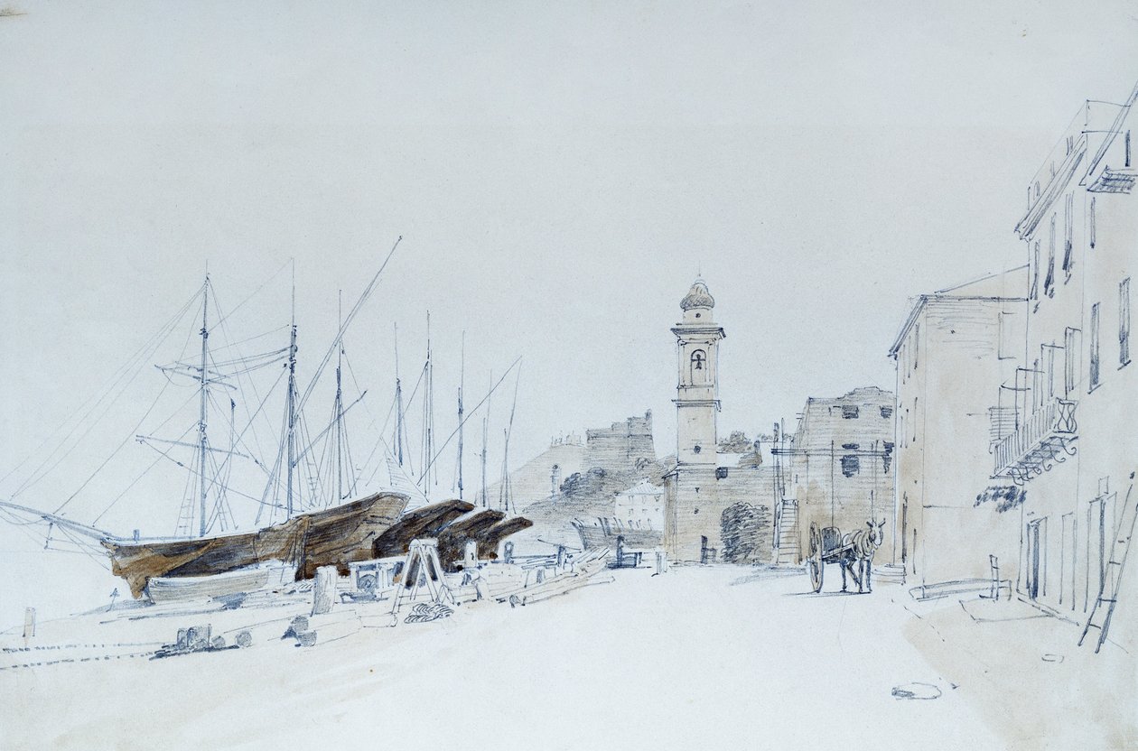 View of Weapons at Taggia, ca 1860, av Pasquale Domenico Cambiaso (1811-1894), Italia Blyant og akvarell. av Domenico Cambiaso