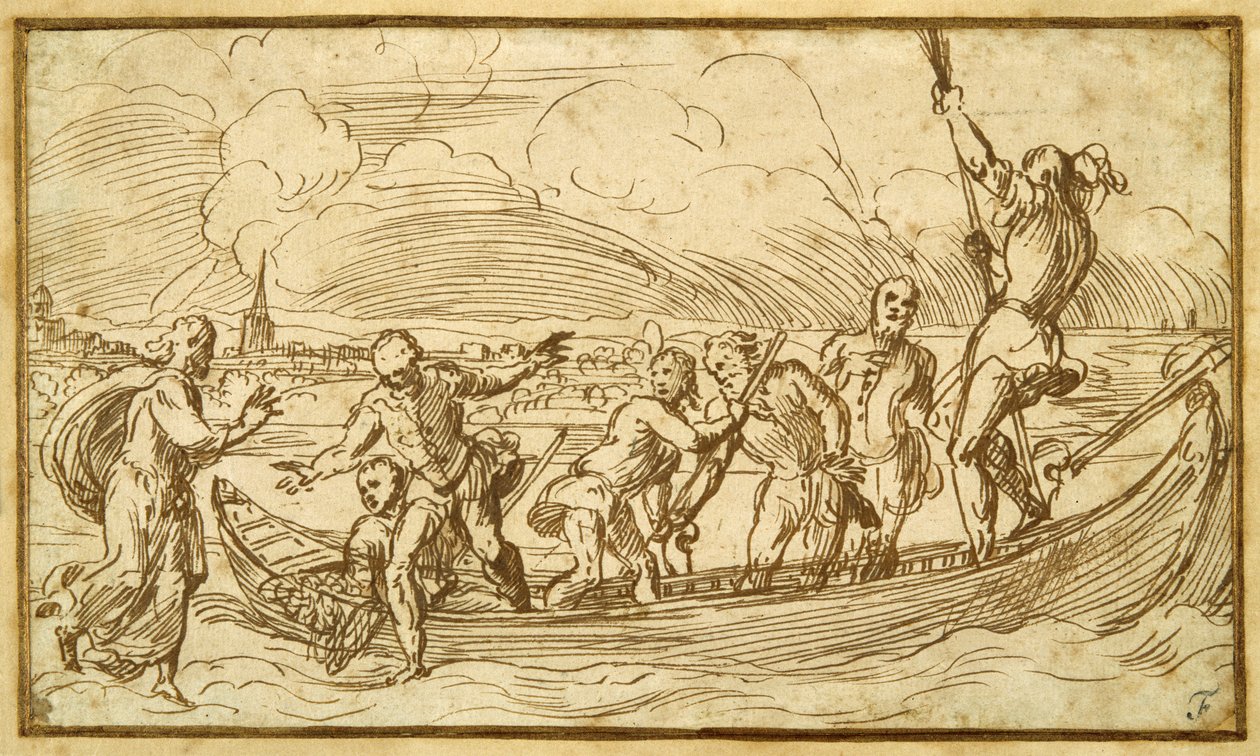 Kristus og St. Peter går på vannet (penn og brunt blekk på papir) av Domenico Campagnola