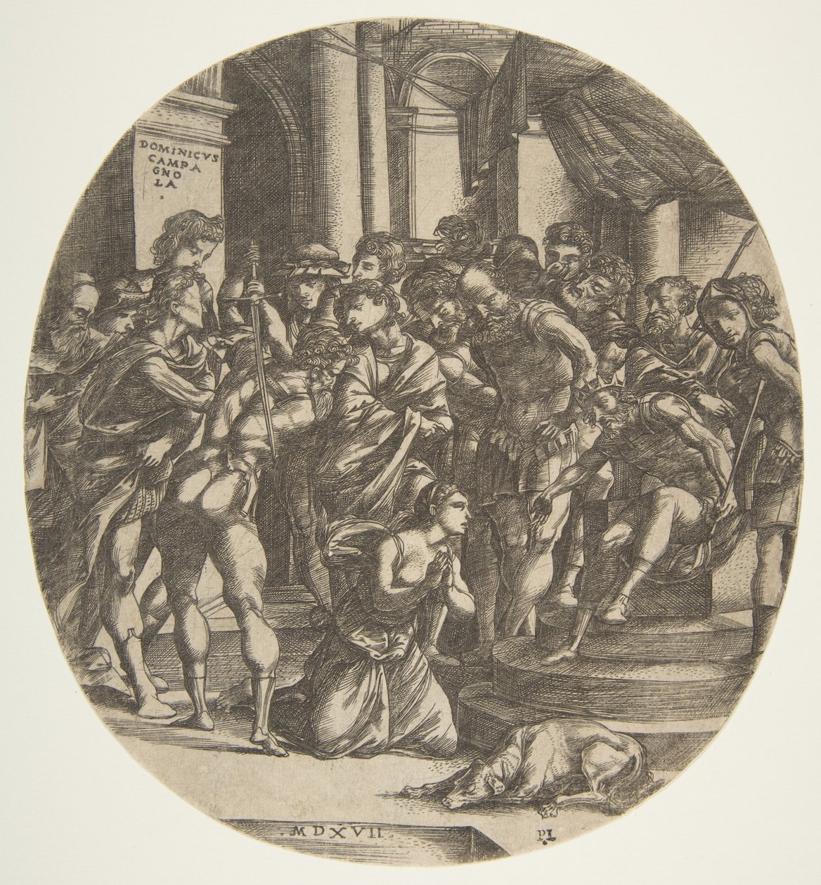 Kvinneskikkelse Saint Catherine kneler på bakken i midten og trygler til en mannsfigur..., 1517. av Domenico Campagnola