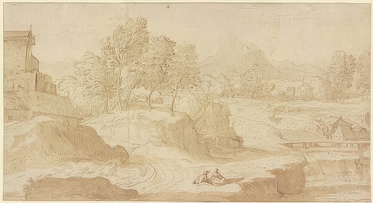Figurativt landskap, til høyre en elv med en bro nær møller, foran to sittende figurer av Domenico Campagnola