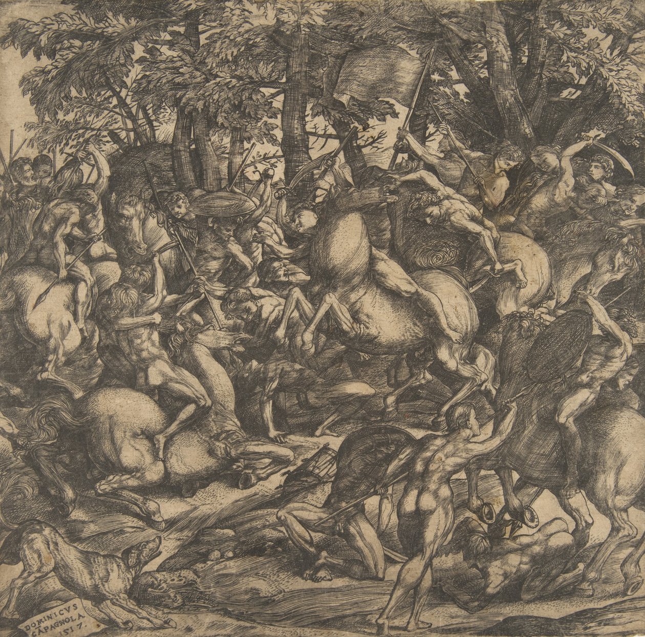 Gruppe nakne menn engasjert i kamp i et skogslandskap, noen på hesteryggen, en hund på lo..., 1517. av Domenico Campagnola
