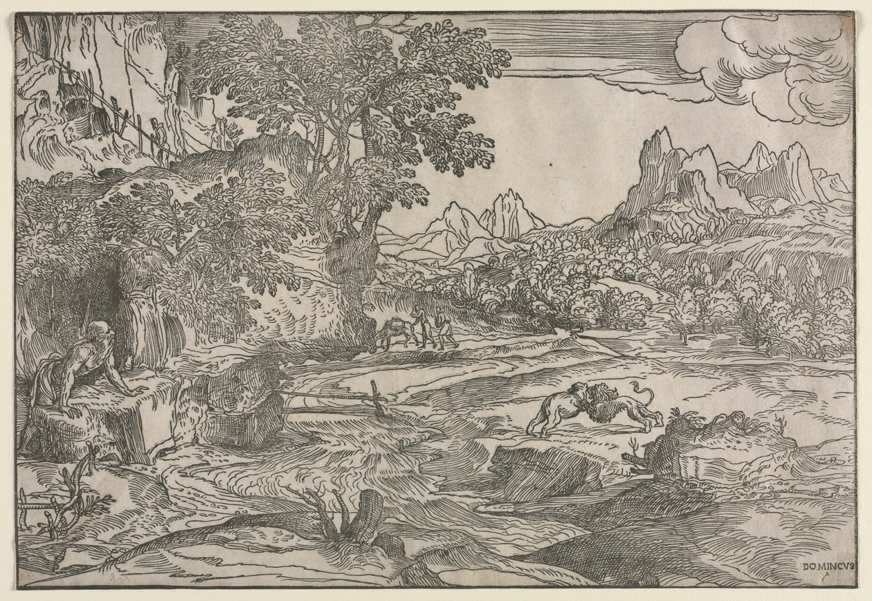 Landskap med Saint Hieronymus og to løver av Domenico Campagnola