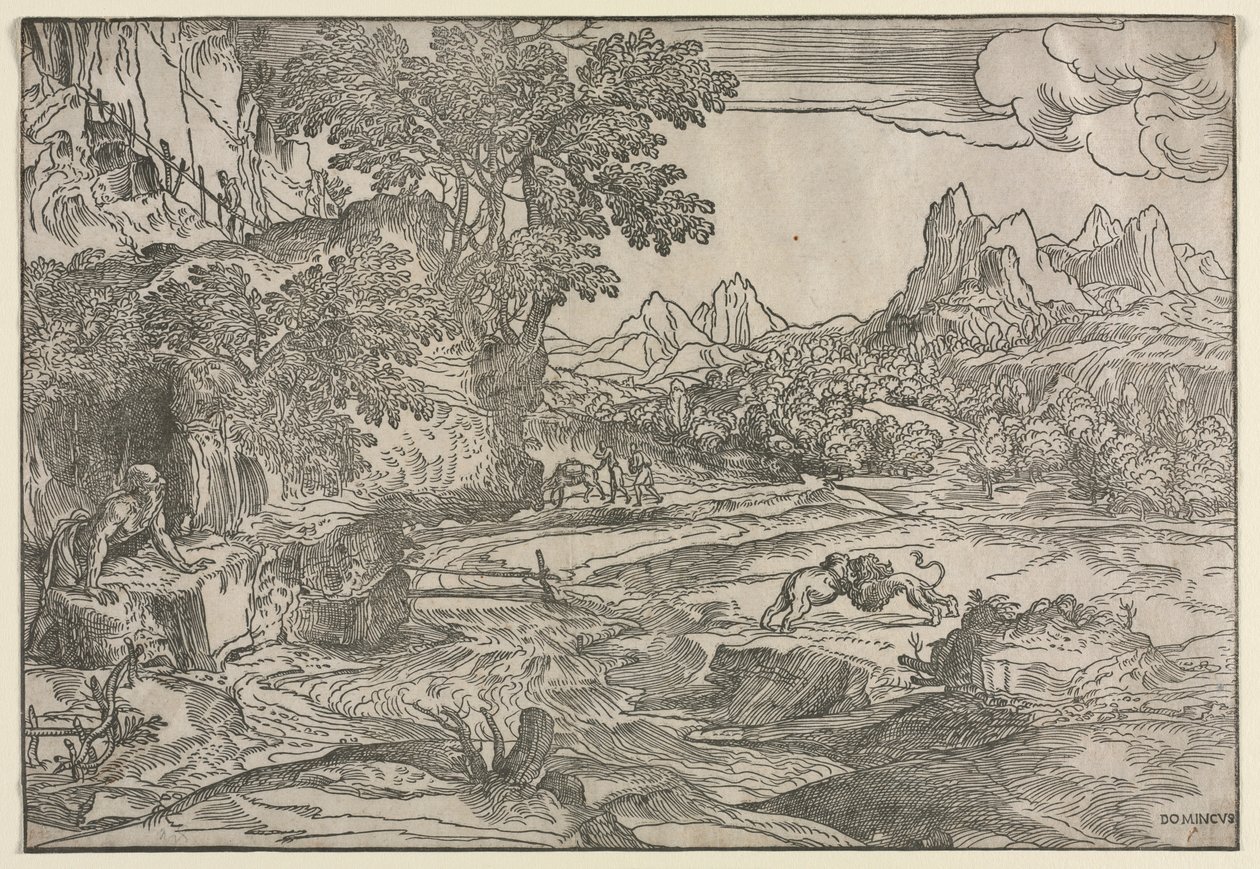 Landskap med Saint Hieronymus og to løver, ca. 1530-35. av Domenico Campagnola