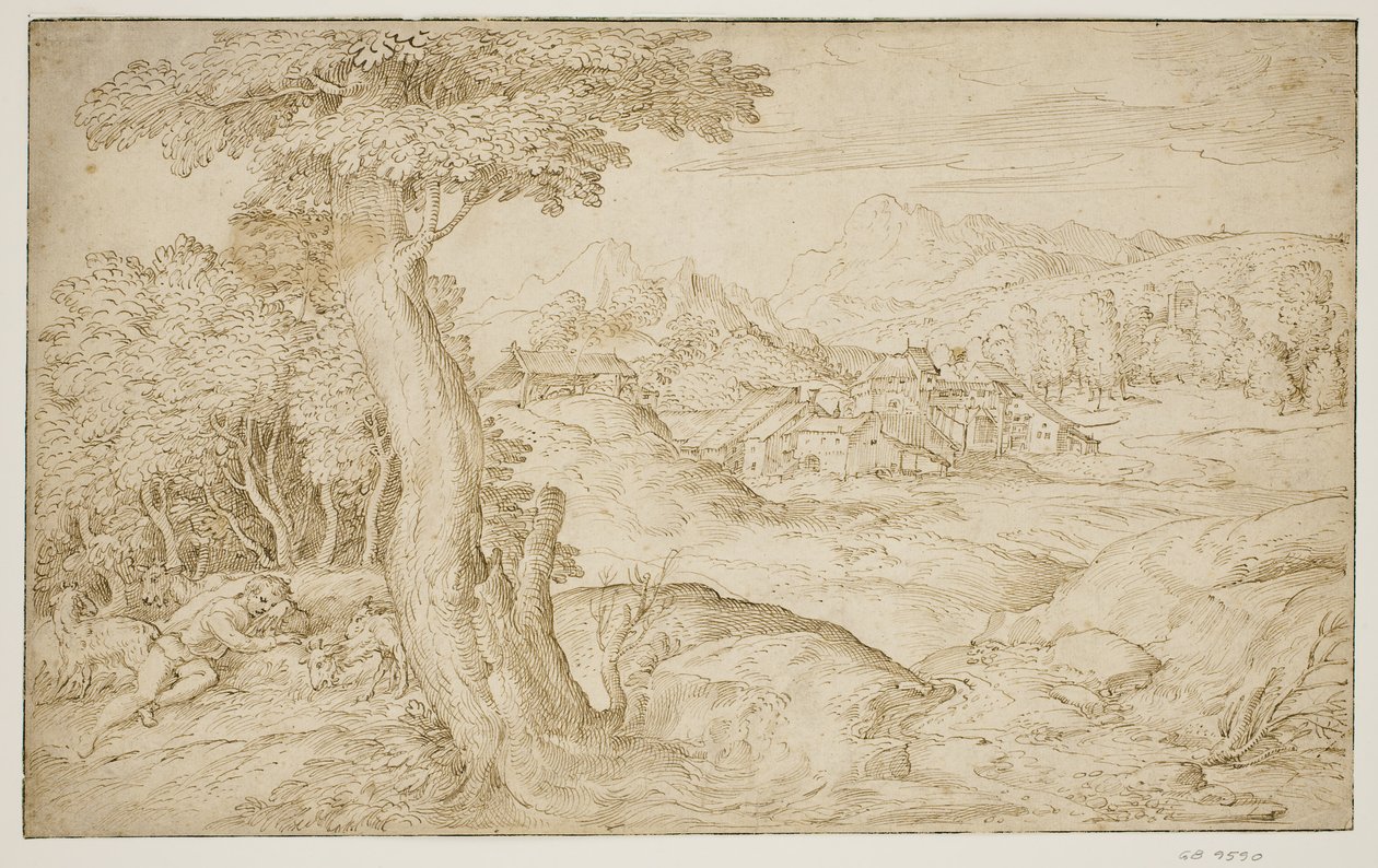 Landskap med en by og en sovende gjeter av Domenico Campagnola
