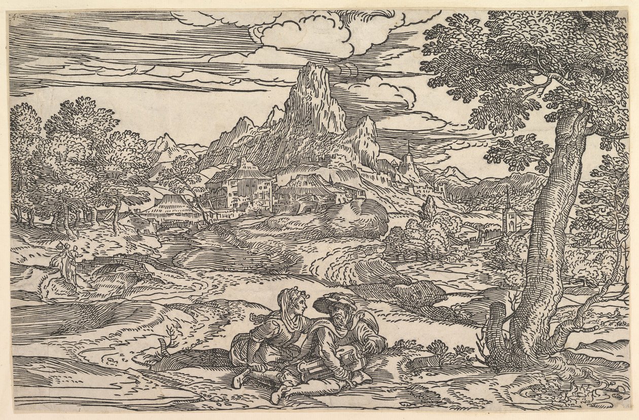 Landskap med en kvinne som sitter ved siden av en mann som spiller en dreieskiver, ca. 1540. av Domenico Campagnola