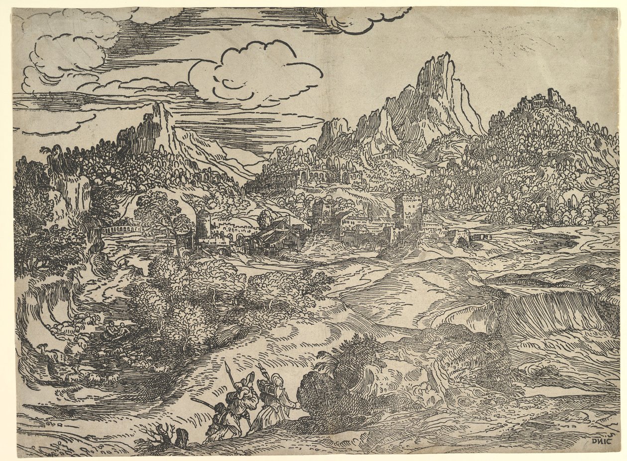 Landskap med familie som går sammen i forgrunnen, til venstre to figurer med ..., ca. 1535-40. av Domenico Campagnola