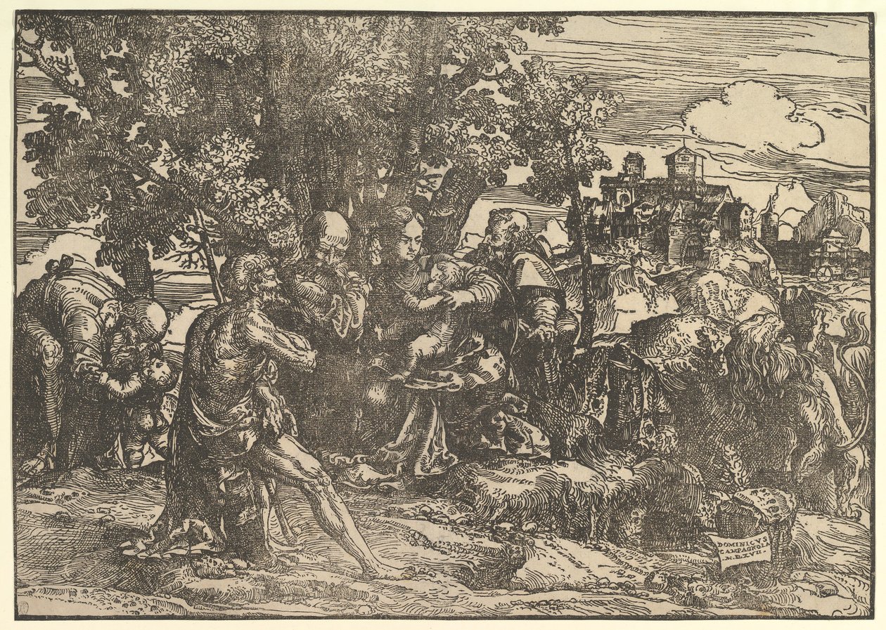Maria satt under trær med baby, flankert av Josef til venstre og St. Hieronymus til høyre, St..., 1517. av Domenico Campagnola