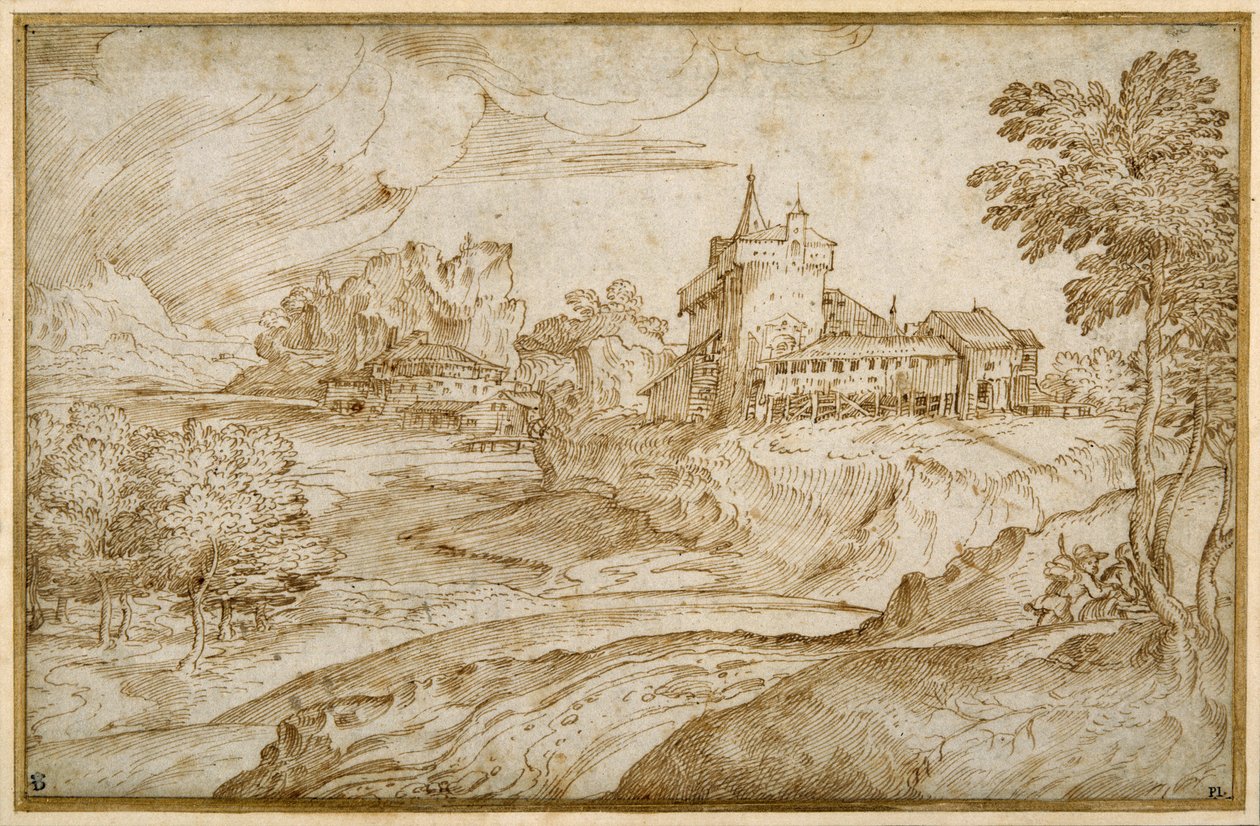 Fjelllandskap med et slott og andre bygninger ved en elv; en mann som skynder seg en kvinne, til høyre, ca. 1540 (penn og brunt blekk på hvitt papir) av Domenico Campagnola