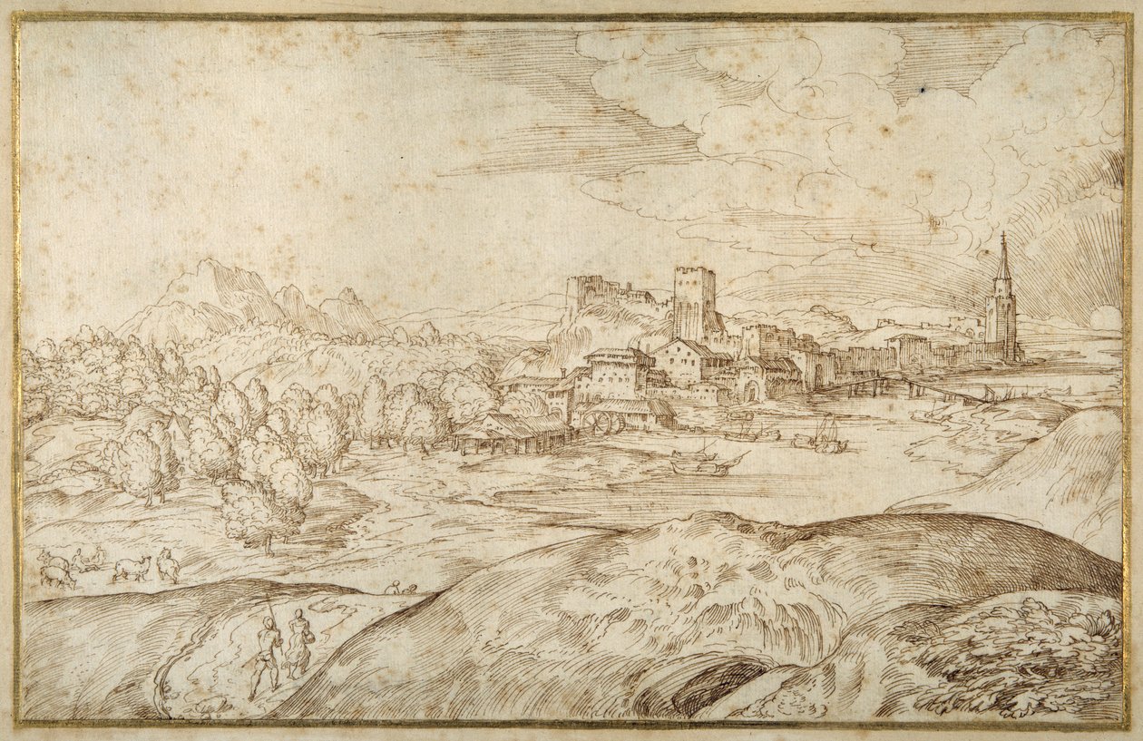 Fjelllandskap med en elv og en befestet by med et tårn med spir (penn og brunt blekk på hvitt papir) av Domenico Campagnola