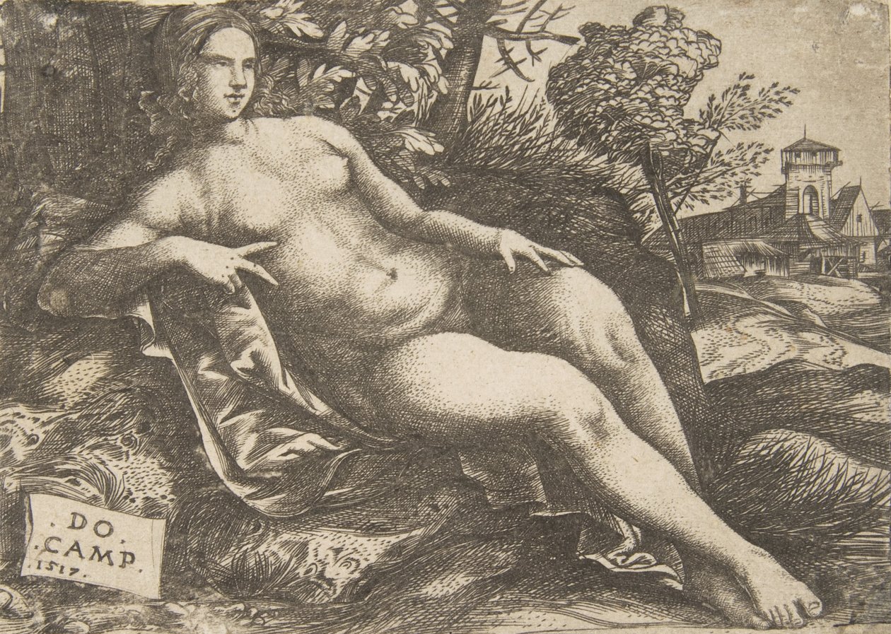 Naken kvinne Venus liggende i et landskap, 1517. av Domenico Campagnola