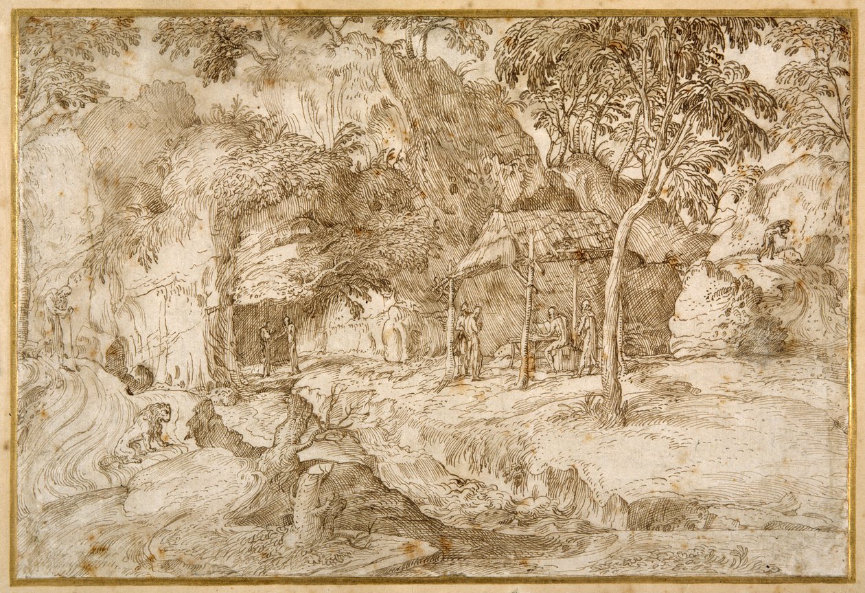 Pilegrimer som besøker St. Jerome i villmarken (penn og brunt blekk på hvitt papir) av Domenico Campagnola