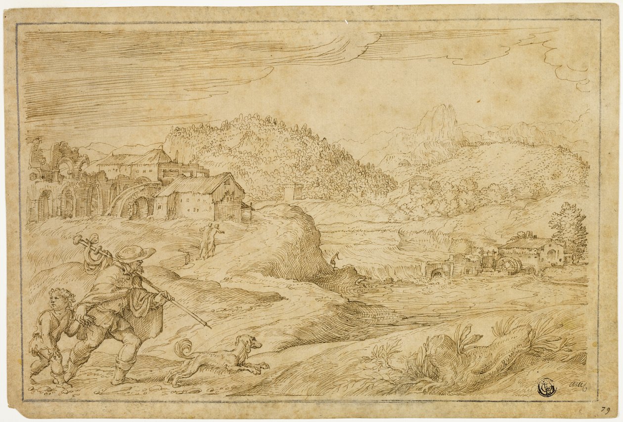 Elvelandskap med Saint Roch og et barn som reiser med hund av Domenico Campagnola