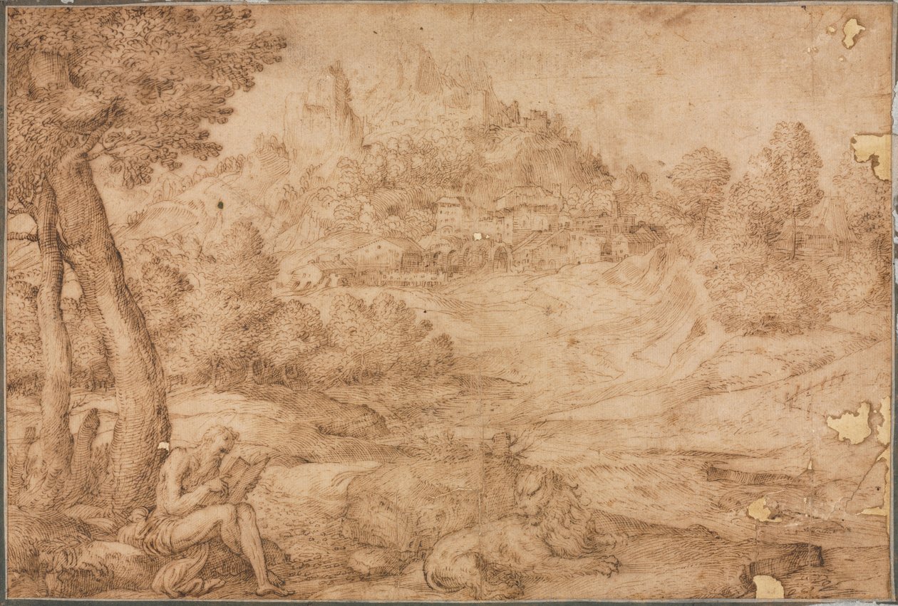 Saint Hieronymus i et landskap, ca. 1530. av Domenico Campagnola