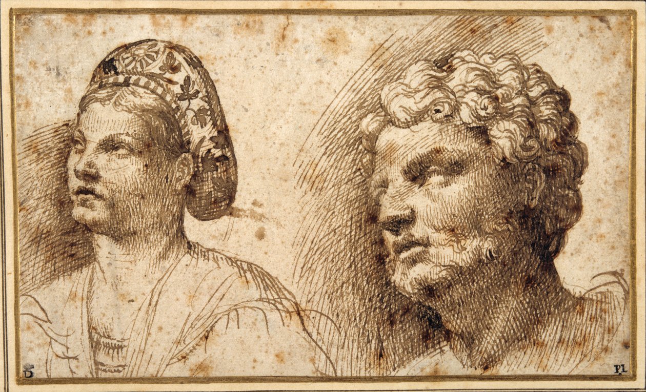 Studie av hodet og skuldrene til en ung kvinne som har på seg en balza, og av hodet til en skjeggete mann (penn og blekk på papir) av Domenico Campagnola