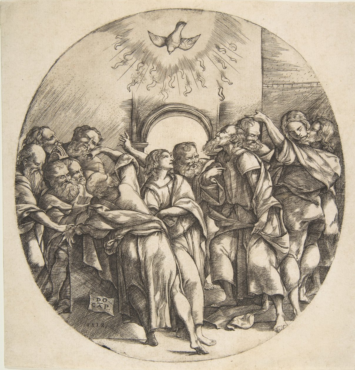 Den Hellige Ånd som en fugl som stiger ned med spredte vinger øverst i midten, de tolv apostlene ..., 1518. av Domenico Campagnola