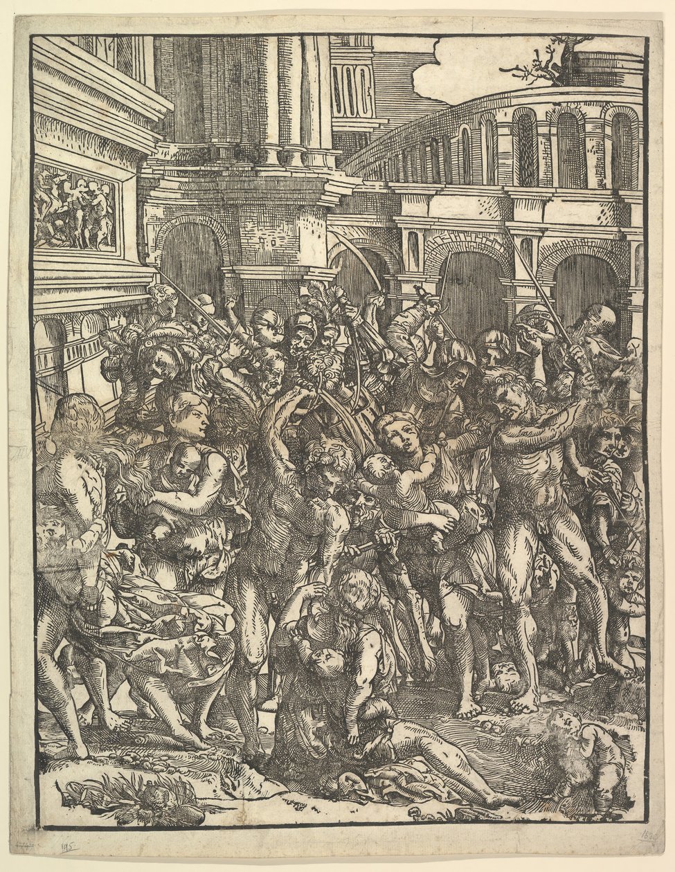 The Massacre of the Innocents Høyre side med en gruppe mannlige skikkelser som angriper kvinner og ..., 1517. av Domenico Campagnola