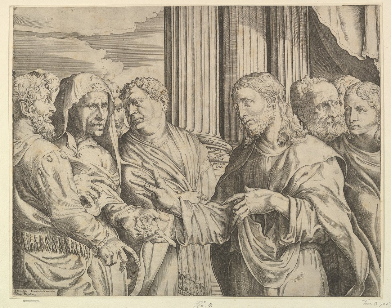 The Tribute Money: Kristus i midten til høyre og gestikulerer til mannen til venstre med mynter ..., ca. 1564-89. av Domenico Campagnola
