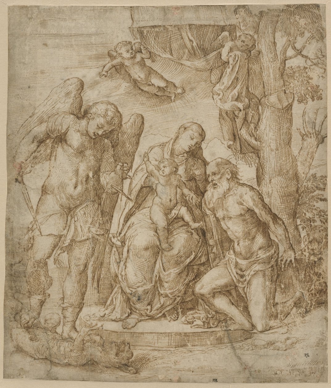 Jomfruen og barnet med de hellige Michael og Hieronymus, ca. 1520-25 av Domenico Campagnola