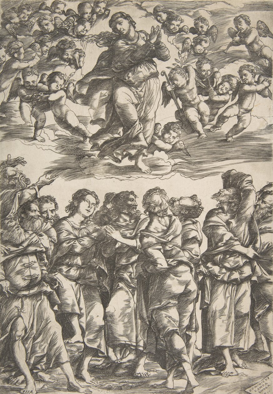 Jomfruen øverst i midten i skyer med foldede hender og høyre fot hevet, omgitt av..., 1517. av Domenico Campagnola