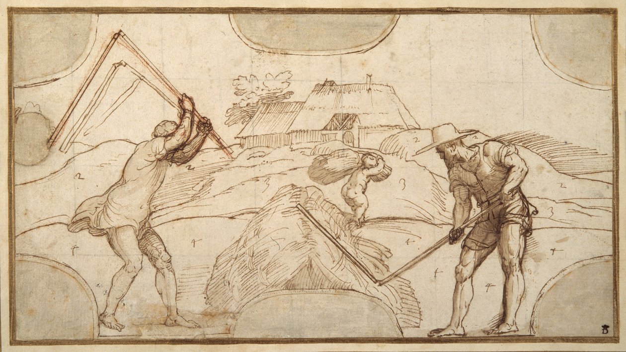 To bønder som tresker (penn og brunt blekk med brun vask på papir) av Domenico Campagnola