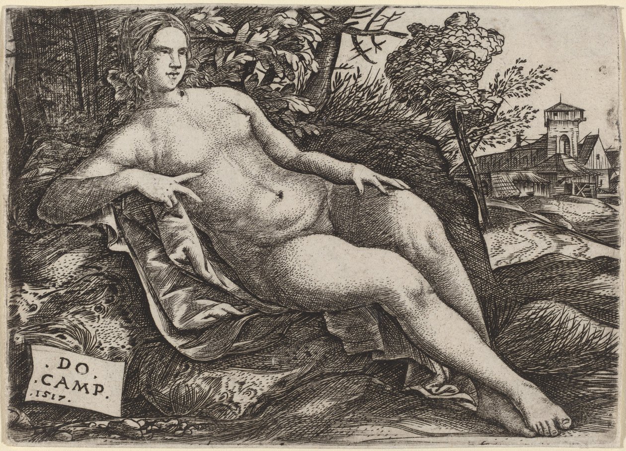 Venus liggende i et landskap av Domenico Campagnola