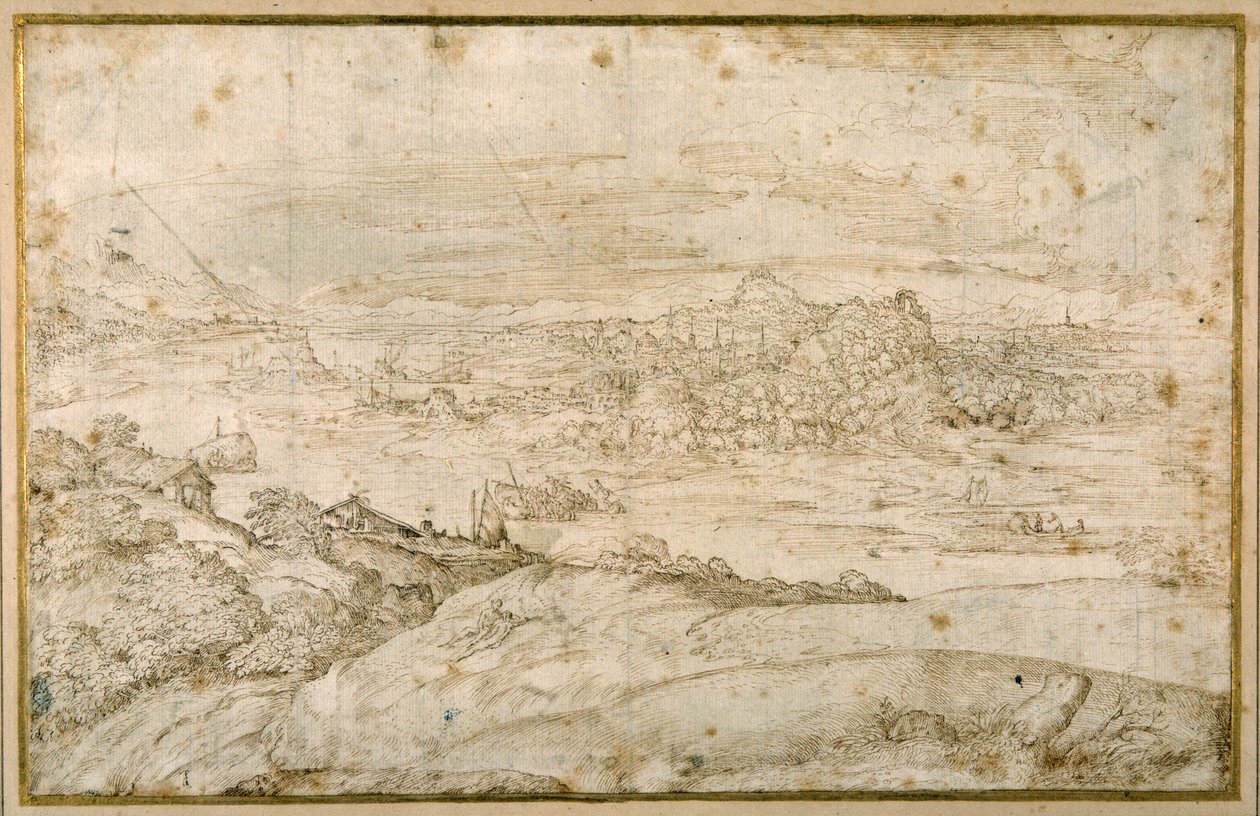 Skoglandskap med en svingete elv; i det fjerne en by, en blanding av spir og kupler med antikke ruiner (penn og brunt blekk på hvitt papir) av Domenico Campagnola