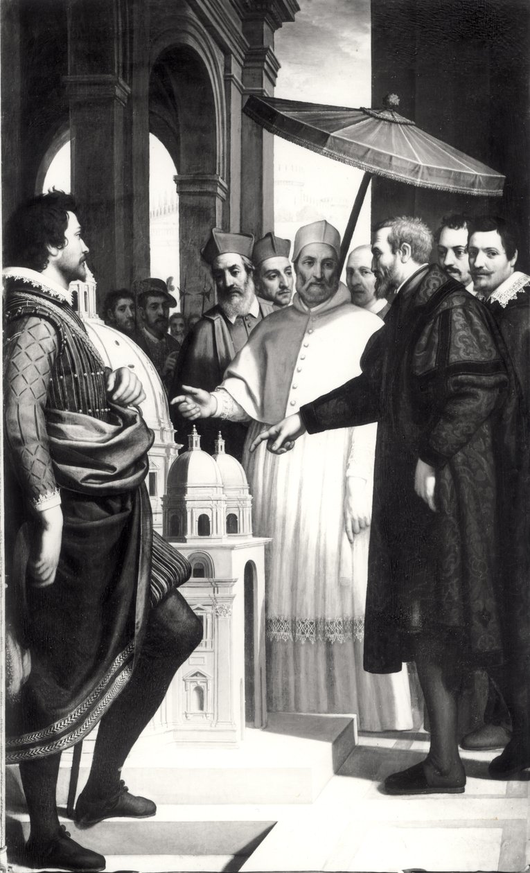 Michelangelo (1475-1564) presenterer en modell av kuppelen til St. Peters for pave Paul IV (1476-1559) av Domenico Cresti
