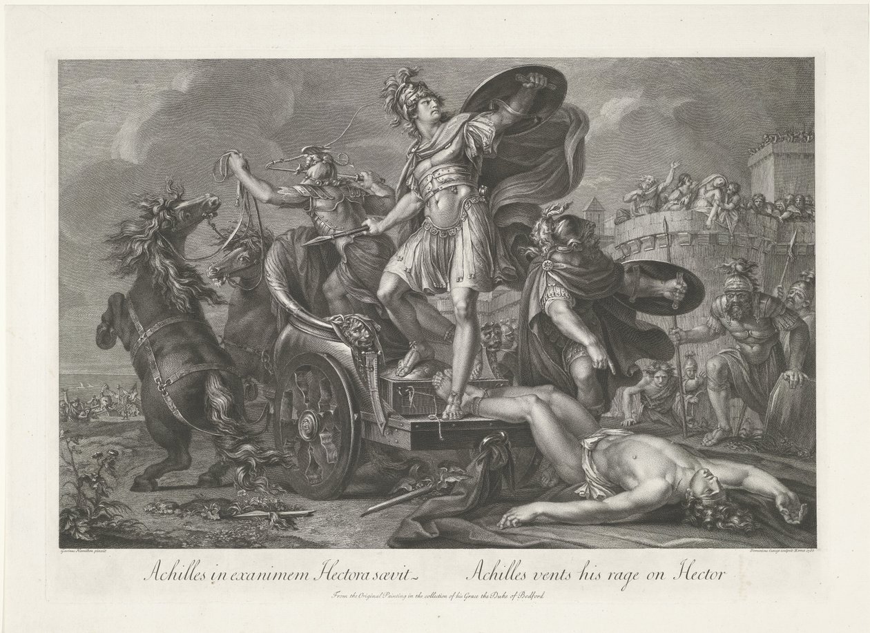 Achilles sleept het lijk van Hector achter zijn wagen Achilles in exanimem Hectora saevit / Achilles vents his rage on Hector (title on object)   1356843   no       norwegian Successfully Translated  Original: Michel le Masle Translat: Michel le Masle 1305 av Domenico Cunego