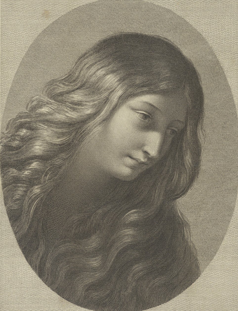 Hodet til Maria Magdalena ser ned til høyre, i en oval ramme, etter Ren..., ca. 1745-1803. av Domenico Cunego
