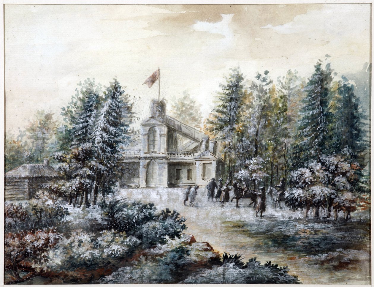 Pavillon de chasse Crack, et Pavlovsk - Krak-hus i Pavlovsk - Domenico Felice Lamoni (1745-1830). Akvarell og hvit farge på papir, etter 1778. State Museum of the History of Saint Petersburg av Domenico Felice Lamoni