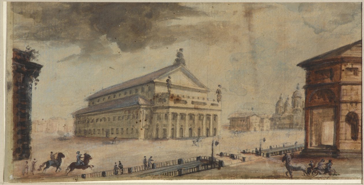 St. Petersburgs keiserlige Bolshoi Kamenny-teater - Domenico Felice Lamoni (1745-1830). Akvarell og hvit farge på papir, før 1783. State Museum of the History of Saint Petersburg av Domenico Felice Lamoni