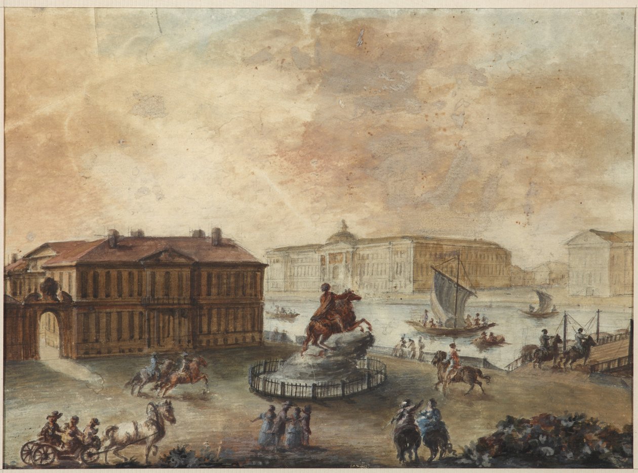 Rytterstatuen av Peter den store på Senatsplassen (place de Senat, place des decembristes ouplace de Pierre) - Domenico Felice Lamoni (1745-1830). Akvarell og hvit farge på papir, etter 1782. State Museum of the History of Saint Petersburg av Domenico Felice Lamoni